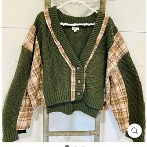 NWT POL Olive and Plaid Cardigan Sweater